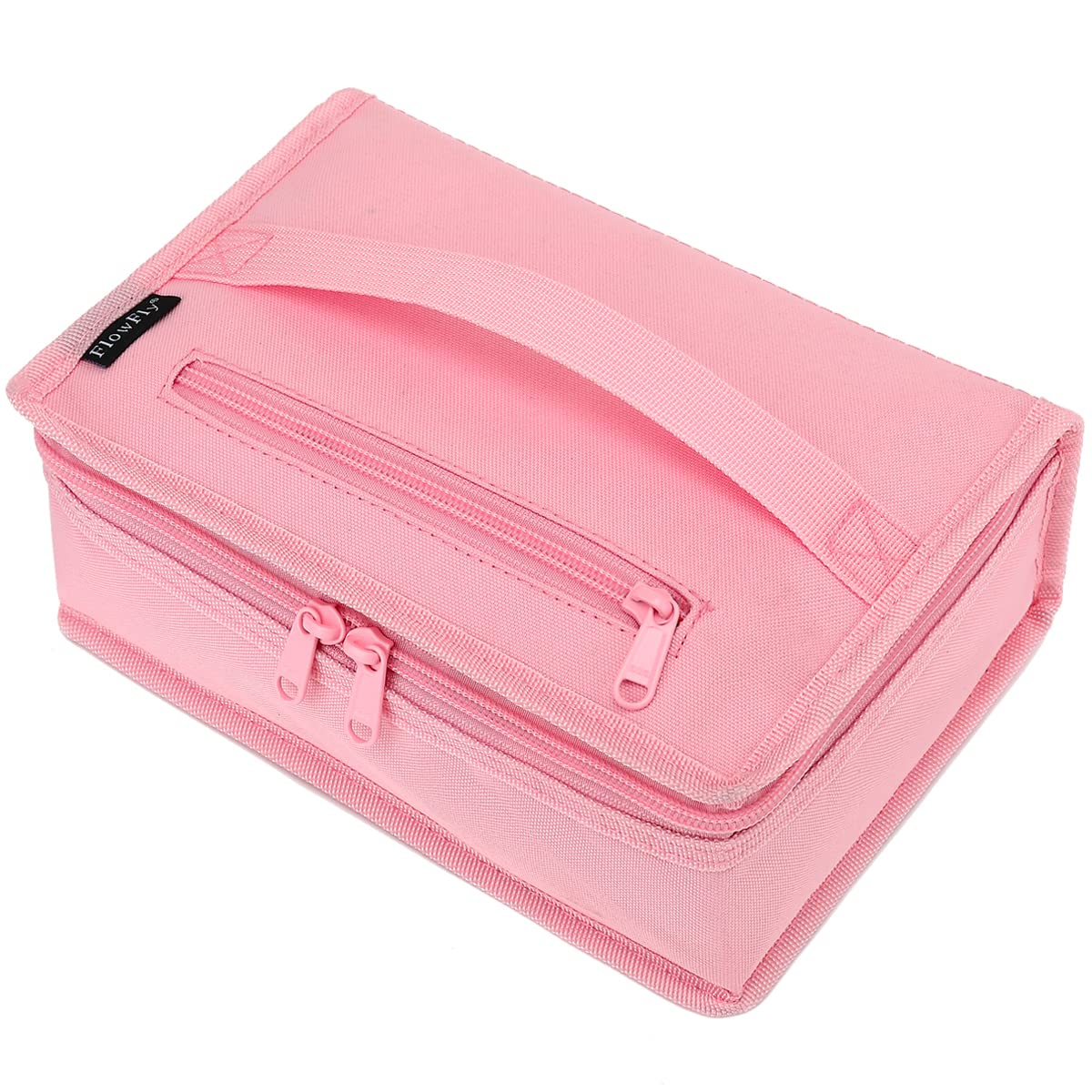 FlowFly pink insulated lunch box front view shows compact, portable meal solution.