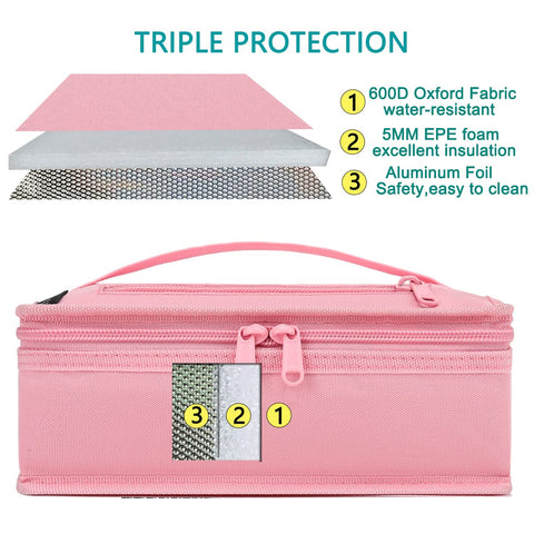 FlowFly pink lunch bag side view highlights portability for work or school.
