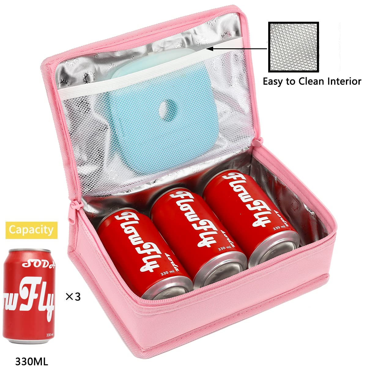 FlowFly pink with ice pack demonstrates insulation for temperature control.