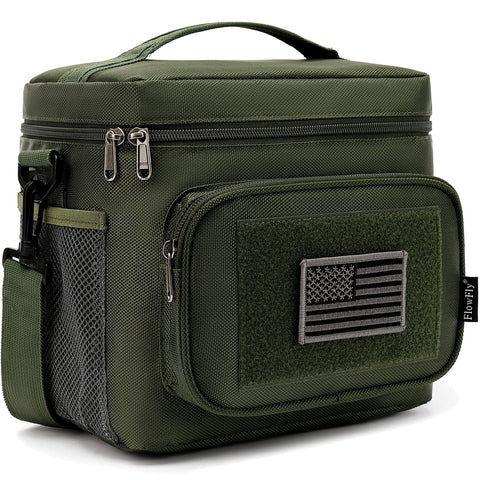 FlowFly tactical lunch bag in army green with MOLLE webbing for rugged outdoor use.