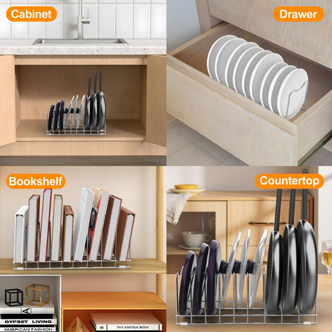 Multiuse kitchen storage for lids, pans, plates, and bakeware.