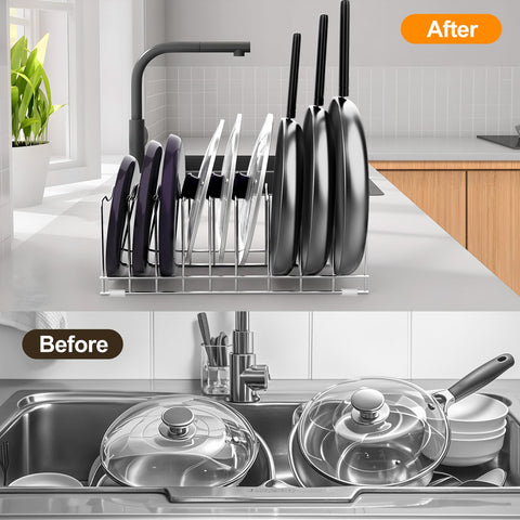 Wide and narrow compartments accommodate different sizes of lids and bakeware.