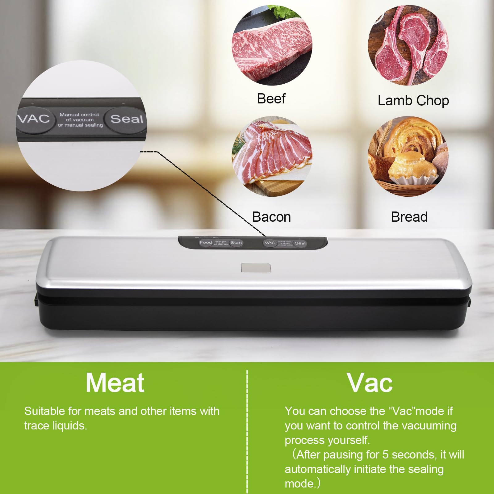 Flyfox vacuum sealer in dry mode preserving nuts and snacks.