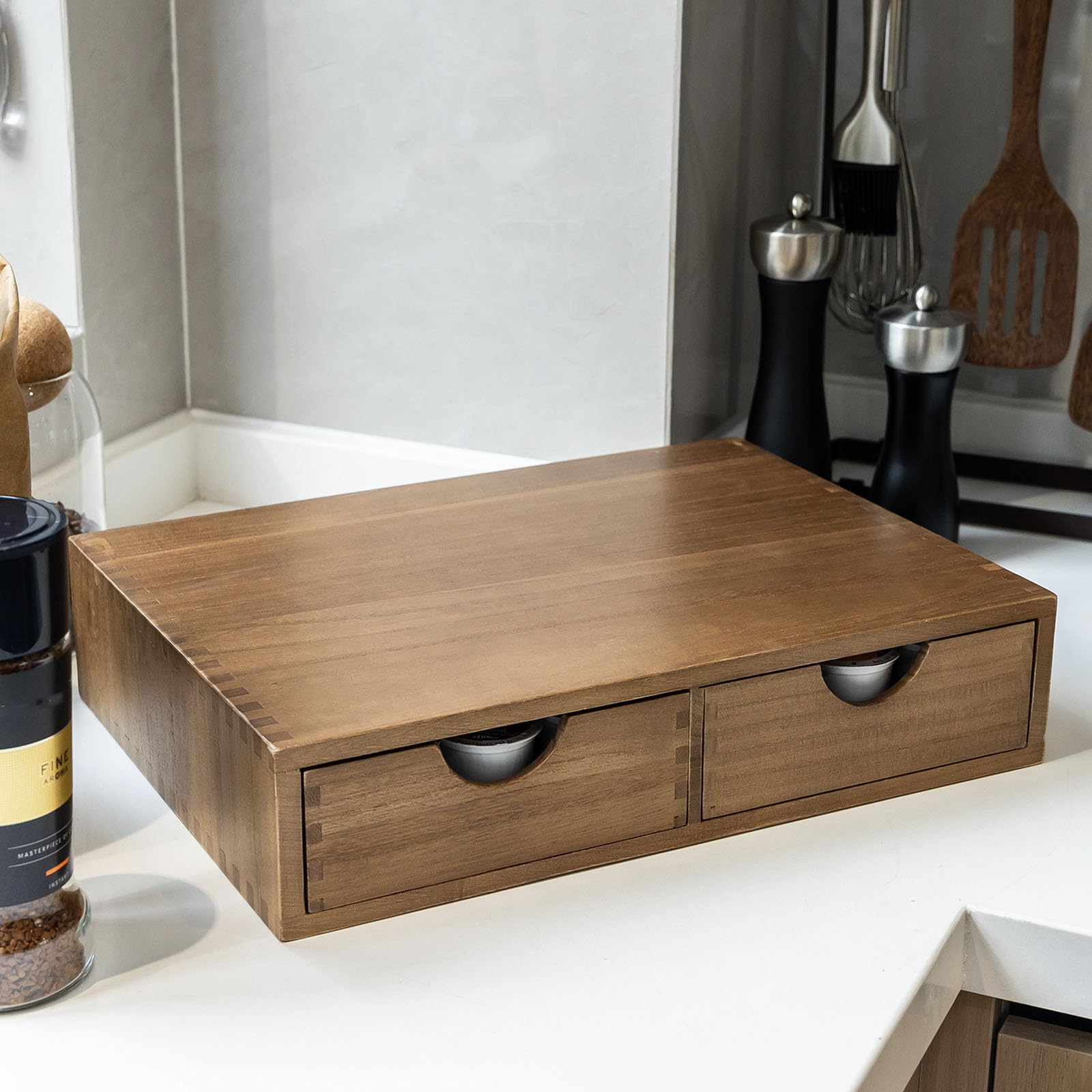 FLYIEE wooden K Cup Organizer daily use keeps counters neat.