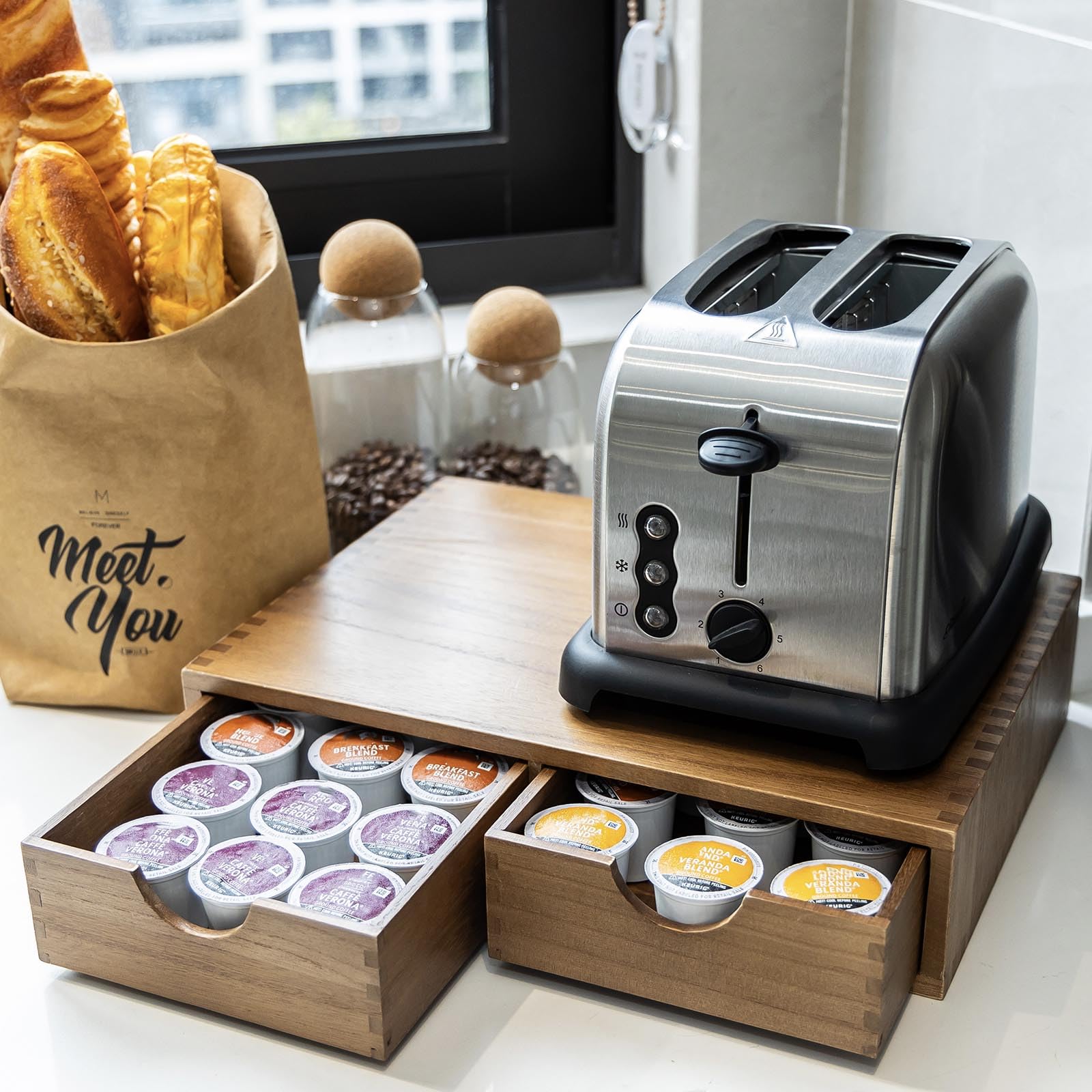 FLYIEE wooden K Cup Organizer on a coffee bar enhances décor and function.