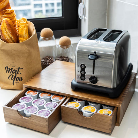 FLYIEE wooden K Cup Organizer on a coffee bar enhances décor and function.