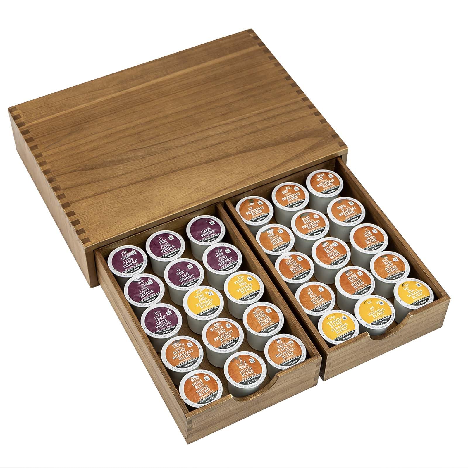 FLYIEE wooden K Cup Organizer two-drawers neatly separates coffee and tea.