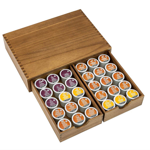 FLYIEE wooden K Cup Organizer two-drawers neatly separates coffee and tea.