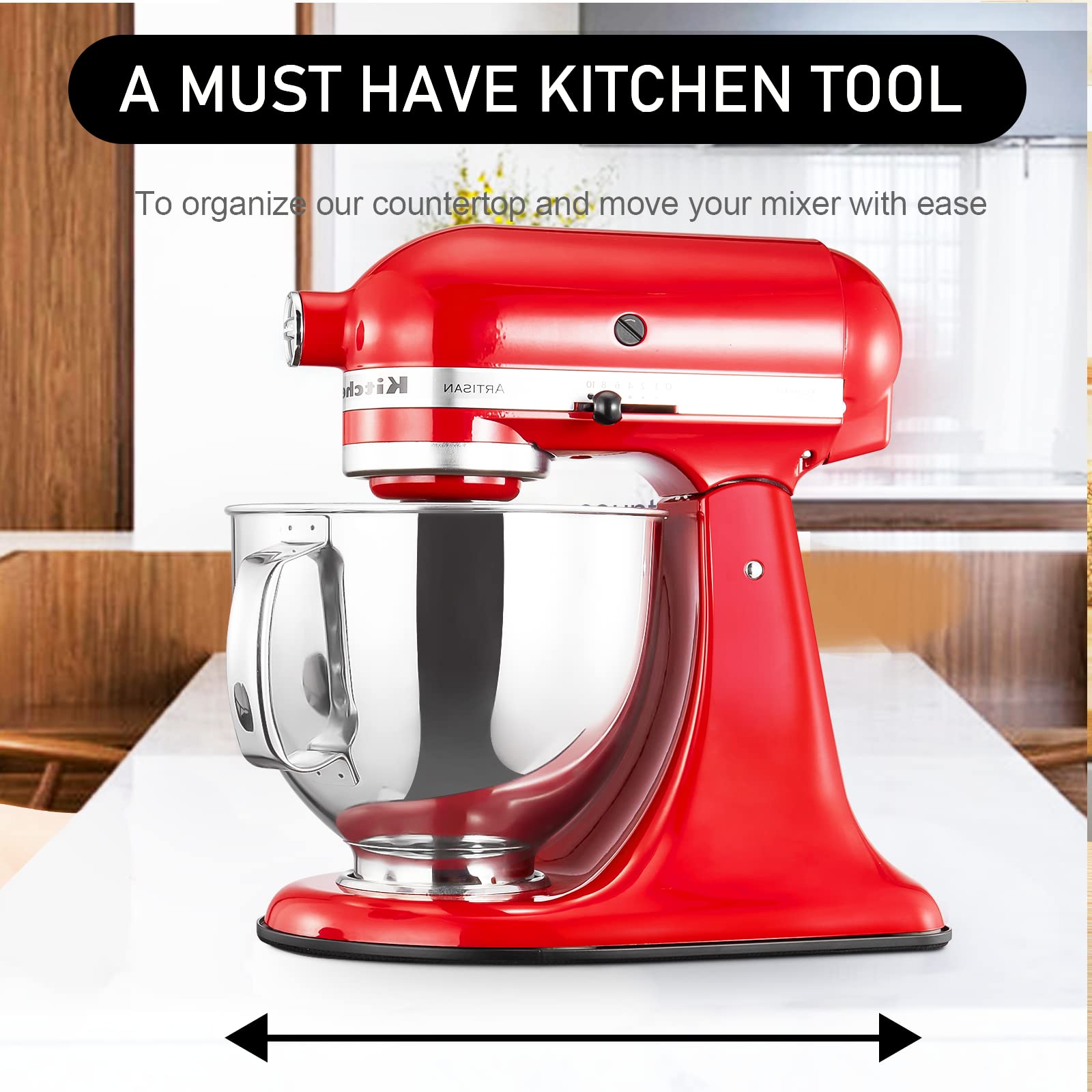 Flyisland metal slider protects countertops while moving your mixer with a whisper-quiet glide.