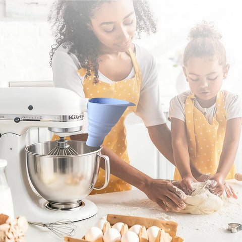 FMOYSIEN blue flour funnel attachment complements KitchenAid design and pouring tasks.
