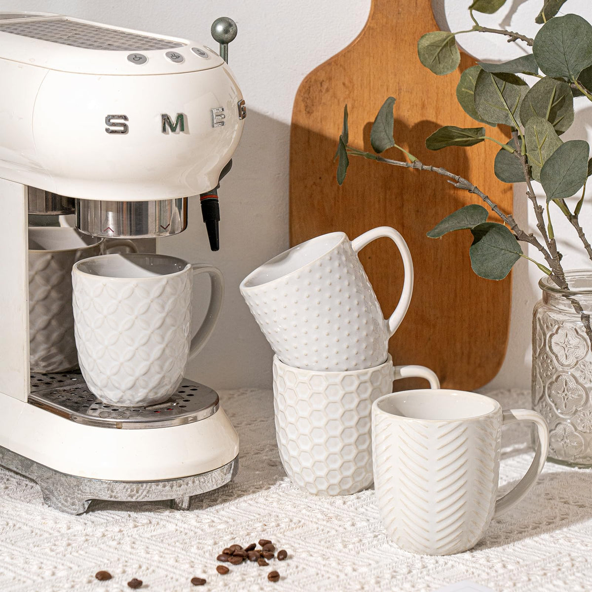 FOBENTA coffee mugs set with beaded embossment for a warm morning ritual.