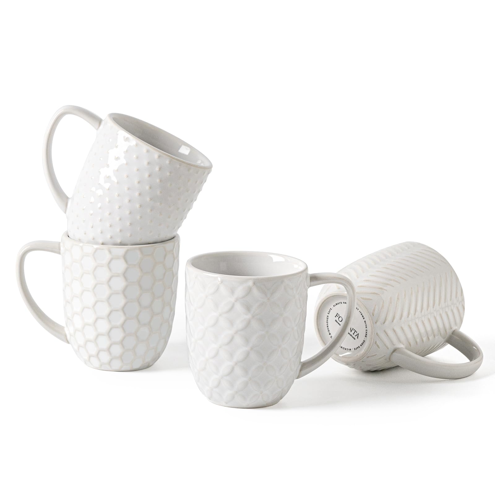 FOBENTA four-mug set stacks neatly on shelves for easy storage.