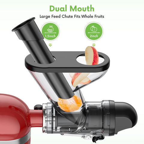FOCOllK juicer attachment front view, easy load and slow-press operation with KitchenAid