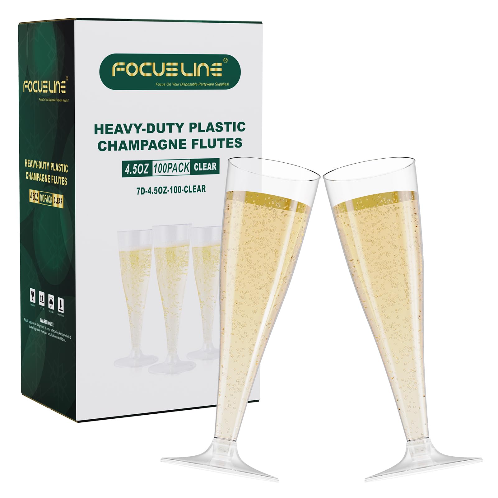FocusLine 100-pack clear plastic champagne glasses for elegant, disposable toasts at weddings.