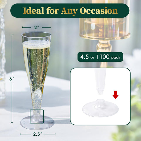 FocusLine clear plastic champagne glasses highlight a pristine, safe-to-use toast option.