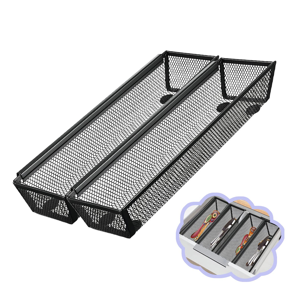 Fodofodo drawer organizer with interlocking arms in black showing sturdy mesh design and space-saving form