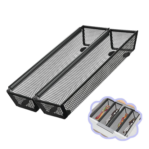 Fodofodo drawer organizer with interlocking arms in black showing sturdy mesh design and space-saving form