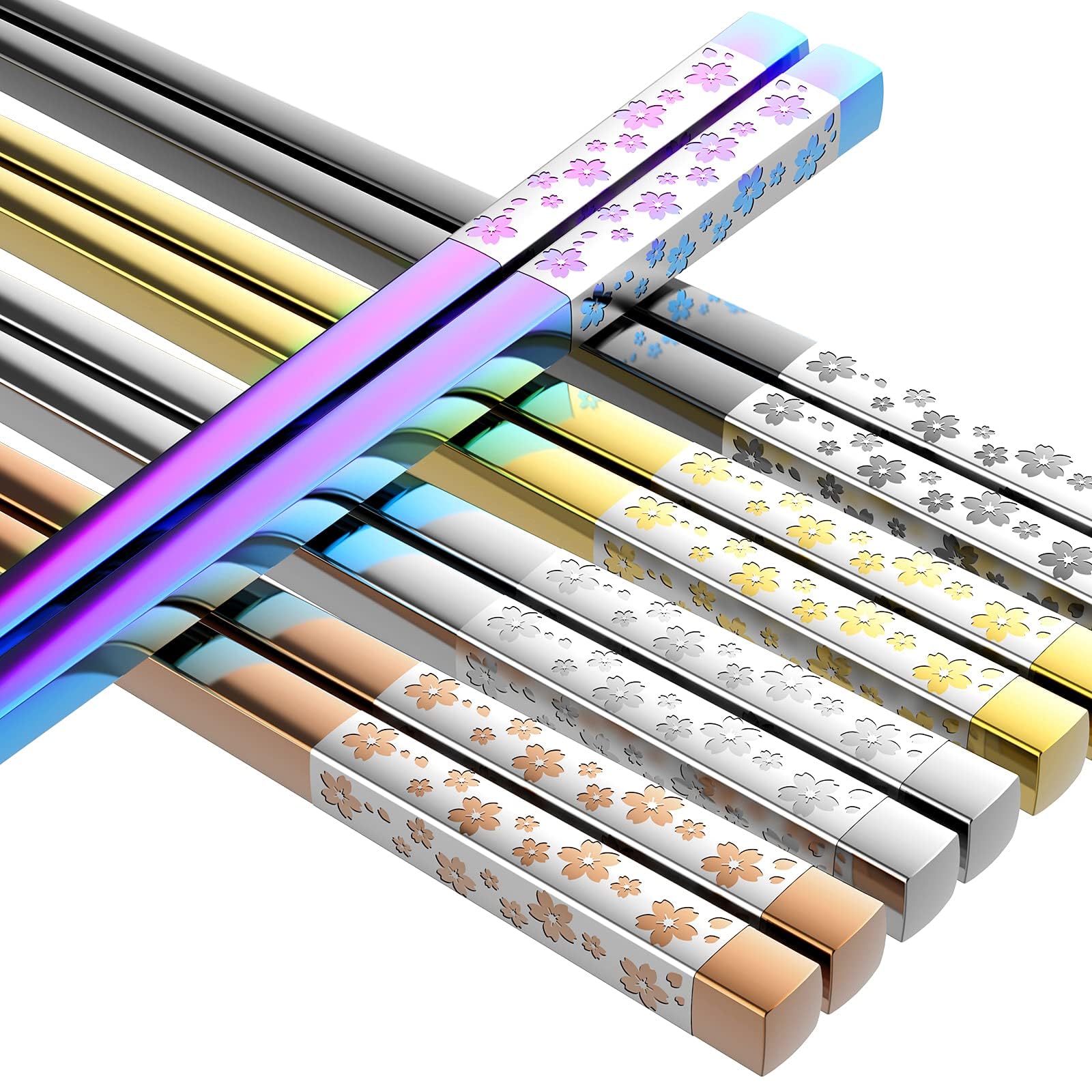 FOFAYU multicolor metal chopsticks set with five reusable pairs for stylish dining.