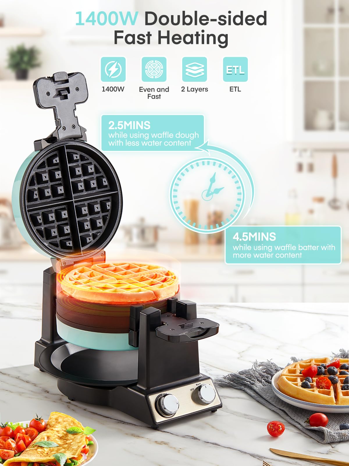 FOHERE 1400W double-sided heating provides quick, even browning.