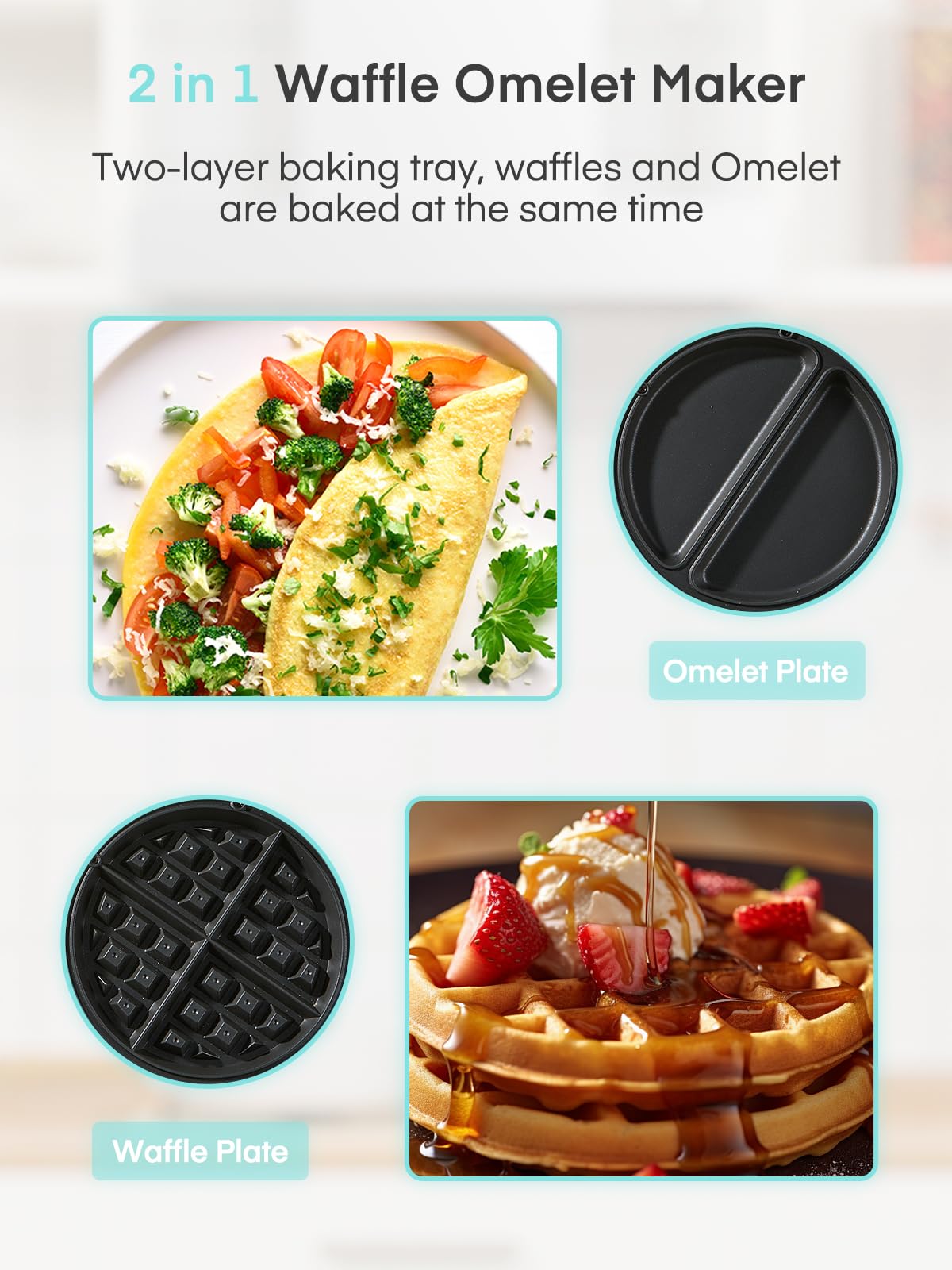 FOHERE 180-degree flip rotation system ensures even batter for waffles and omelets.