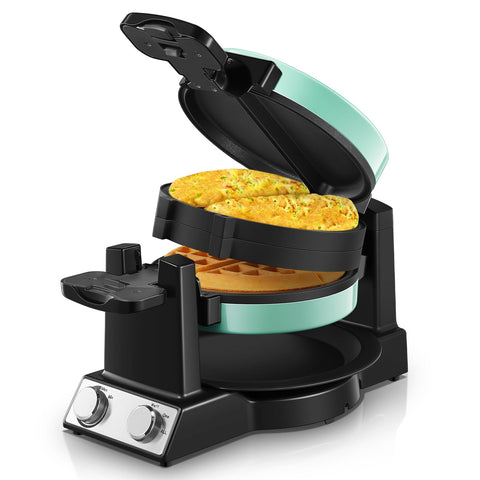 FOHERE 2-in-1 omelette and waffle maker front view showing compact design for busy mornings.
