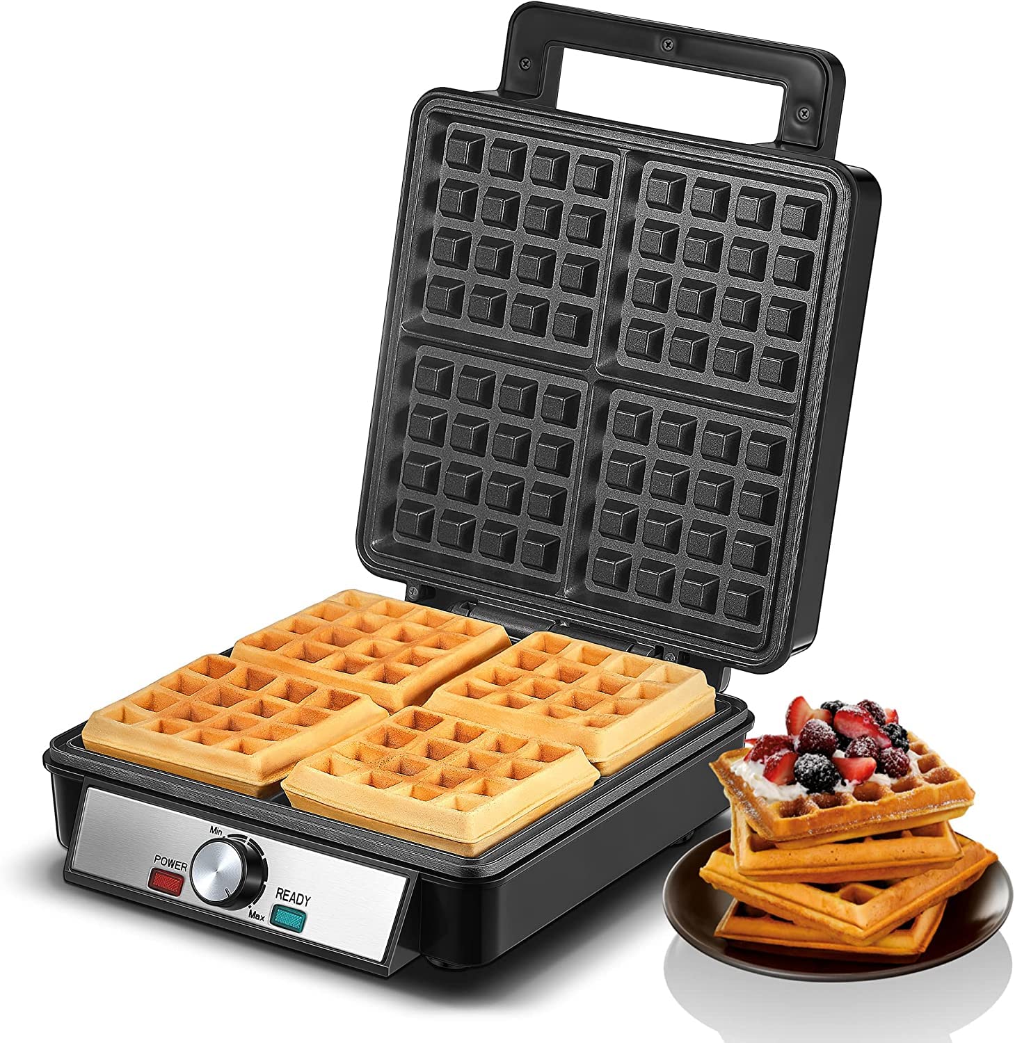 FOHERE Belgian waffle maker front view with four-slice capacity for quick family breakfasts.