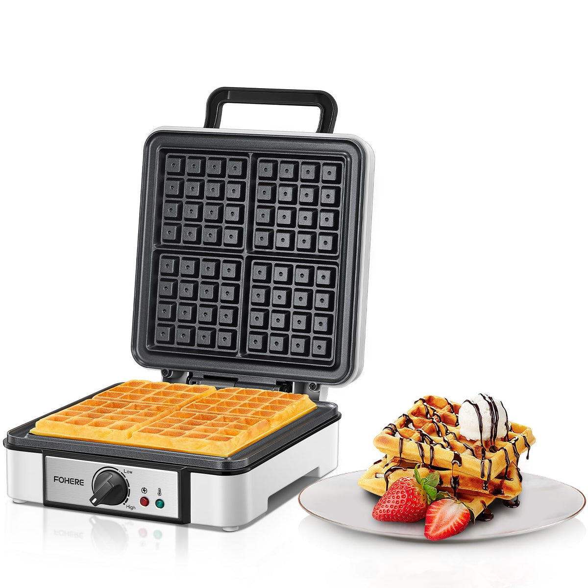 FOHERE Belgian Waffle Maker 4 Slices front view for quick, even waffles.