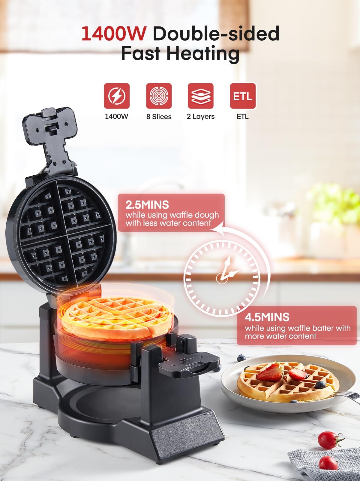 FOHERE 1400W dual heating delivers crispy exterior and fluffy interior.