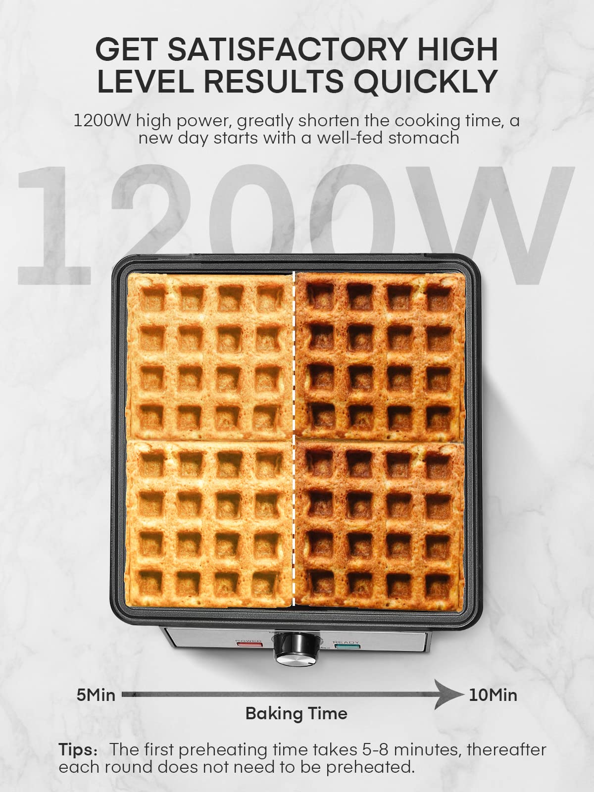 FOHERE waffle maker knob displaying five browning levels for customized texture.