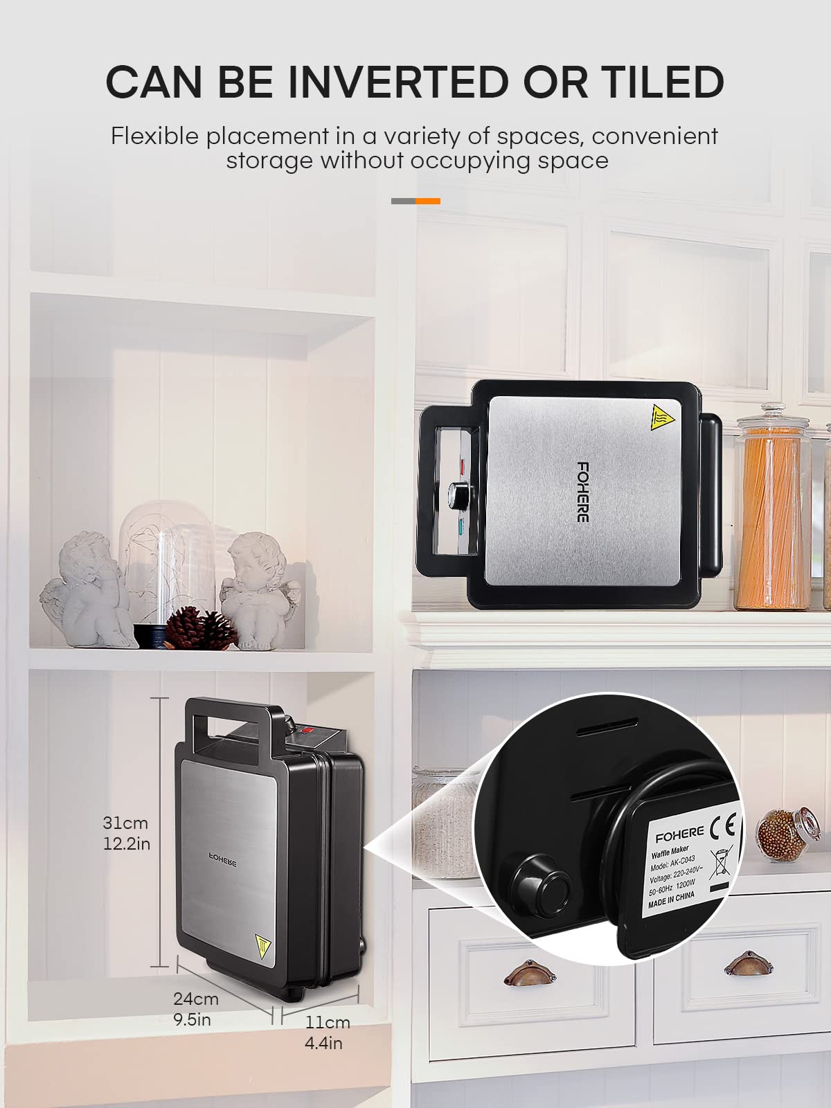 FOHERE waffle maker supports vertical or horizontal storage on counters.