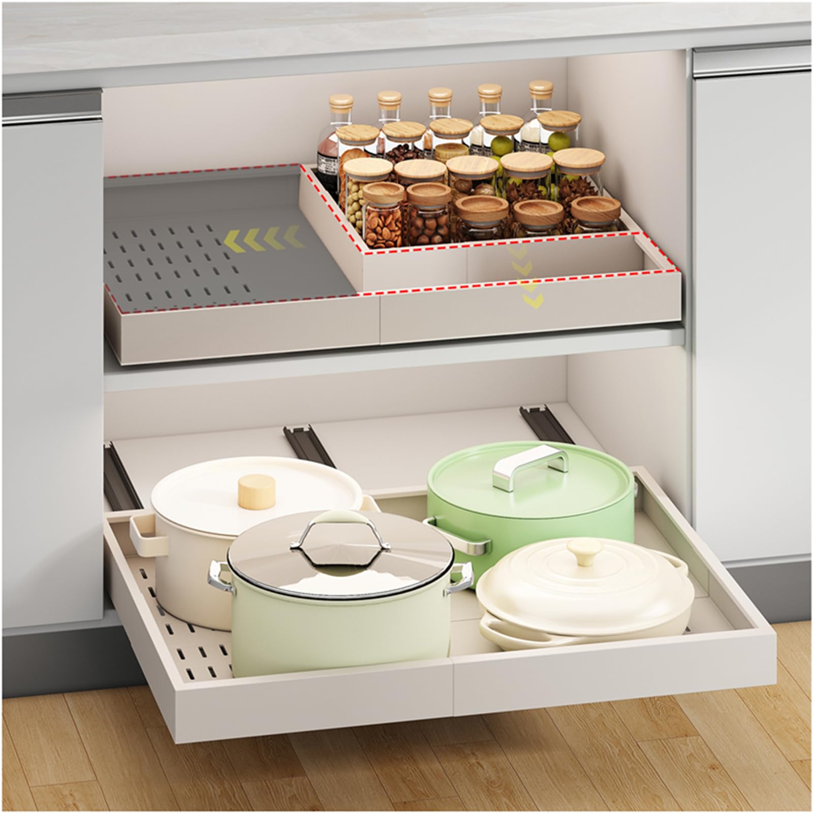 Fokyfok pull-out cabinet organizer with three rails for deep shelves