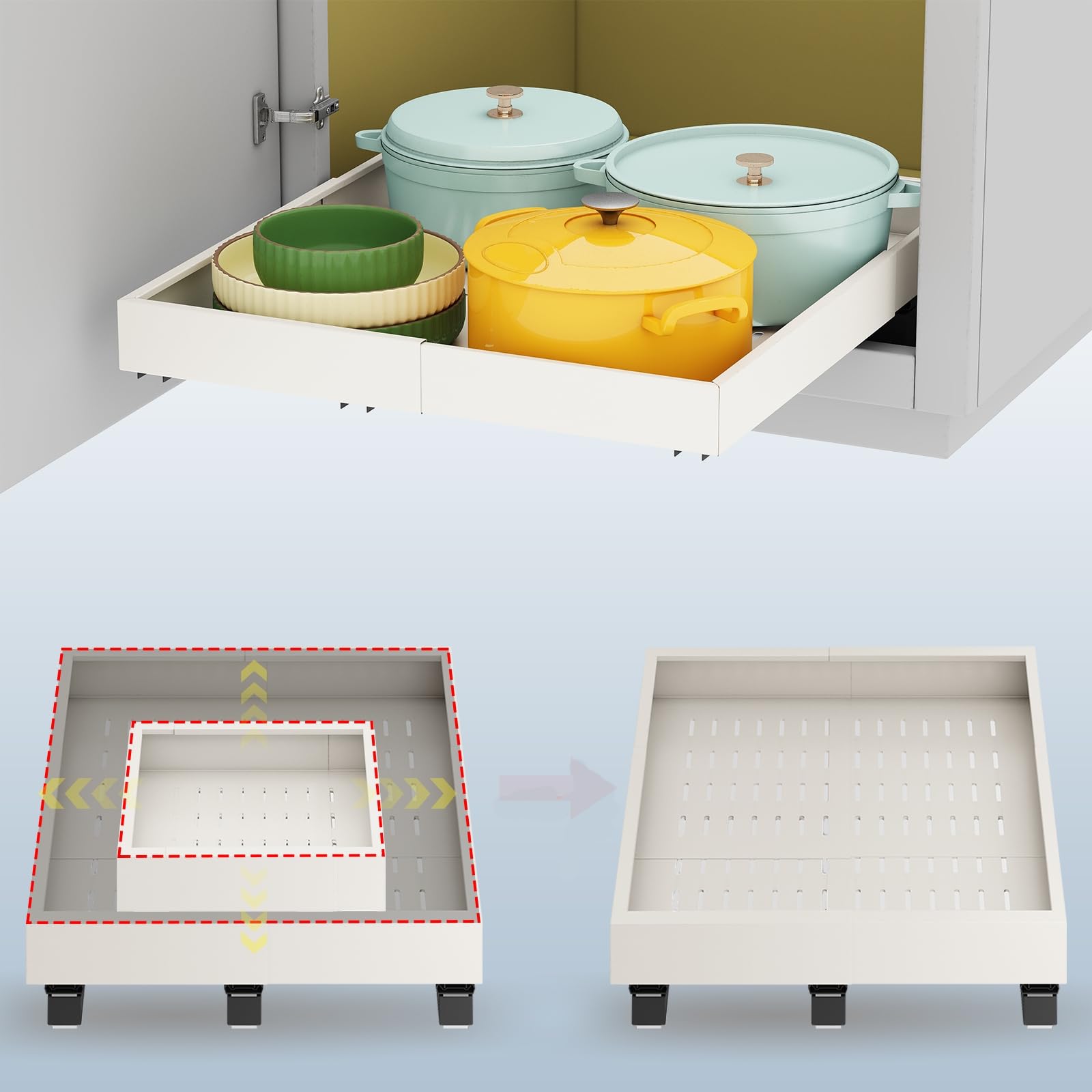 Fokyfok pull out cabinet organizer wide-angle view showing expandable width.