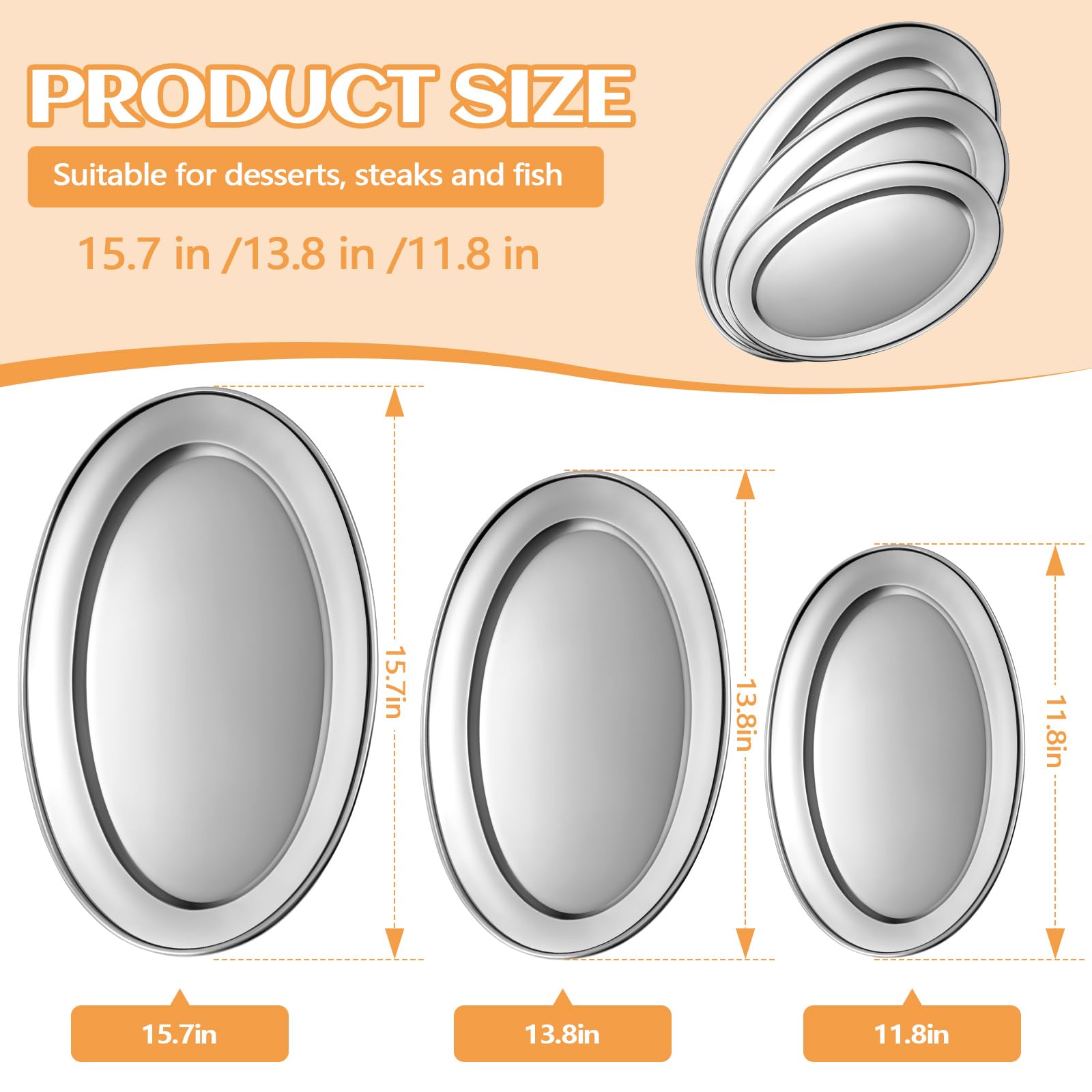 Bandeja oval FoldTier de 15-7 pulgadas en acero inoxidable, adecuada para porciones grandes.