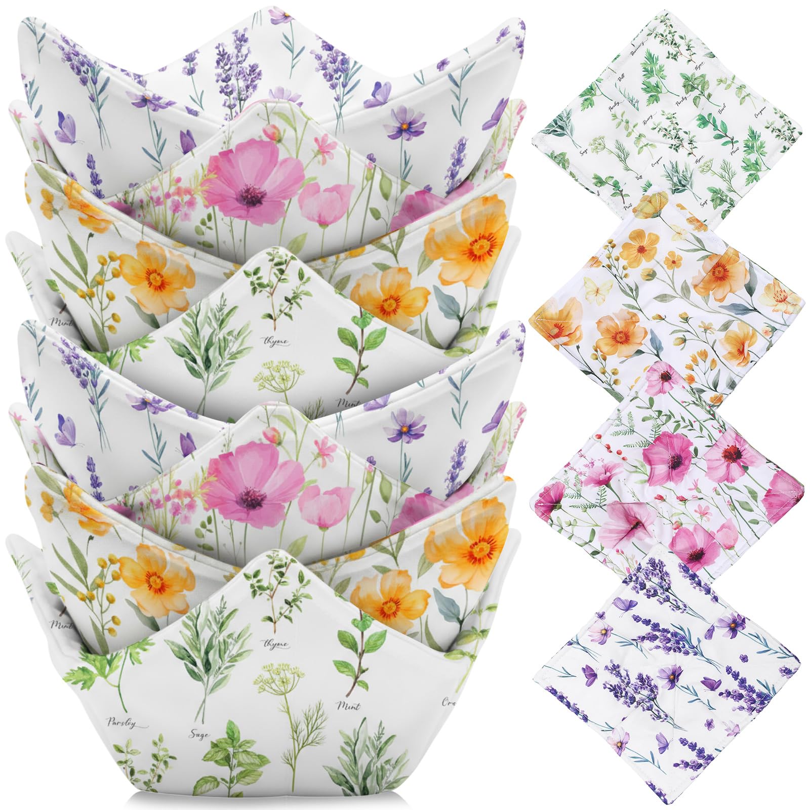 FoldTier green floral bowl cozy protects hands when lifting hot bowls.
