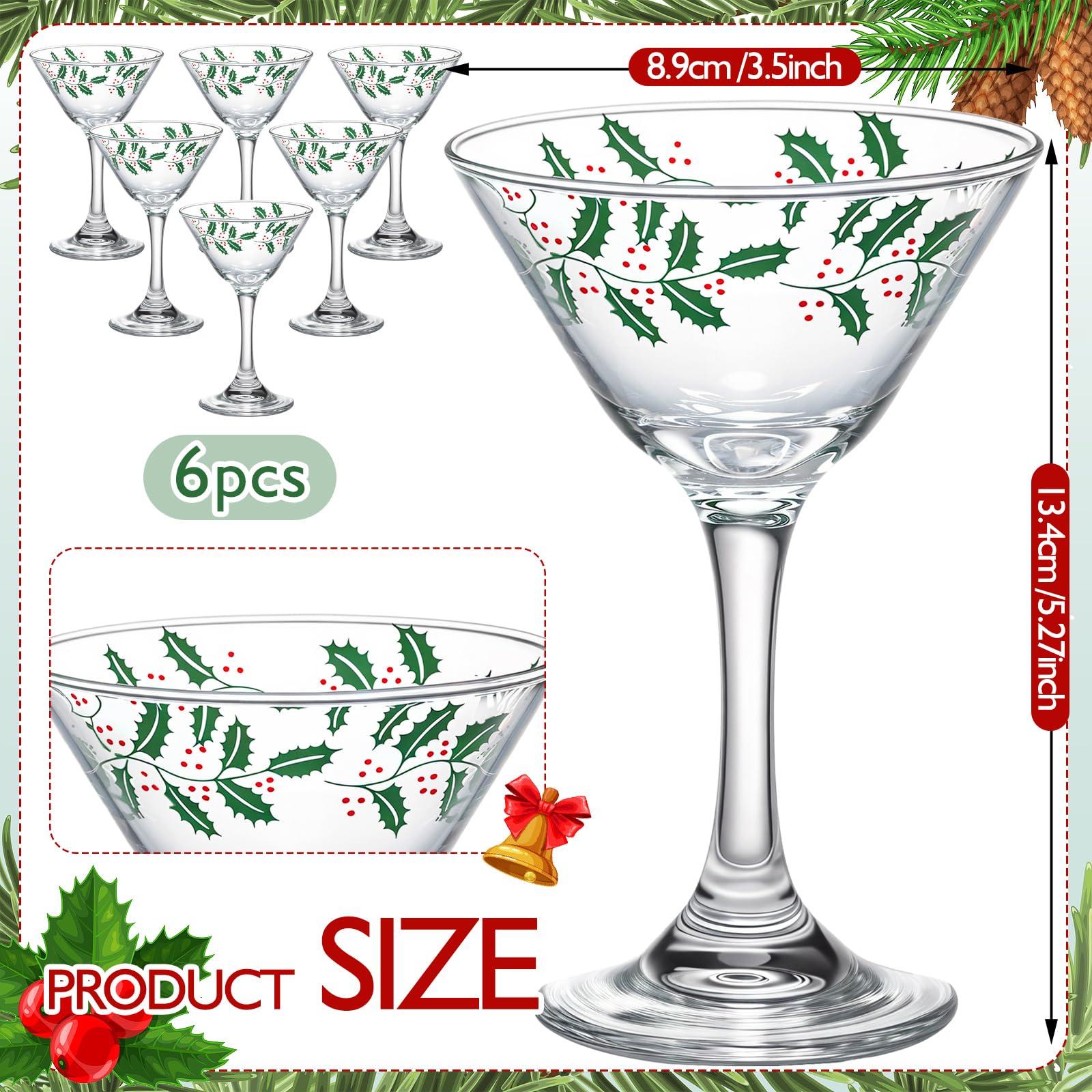 Holly leaf pattern on FoldTier martini glass enhances holiday table decor.