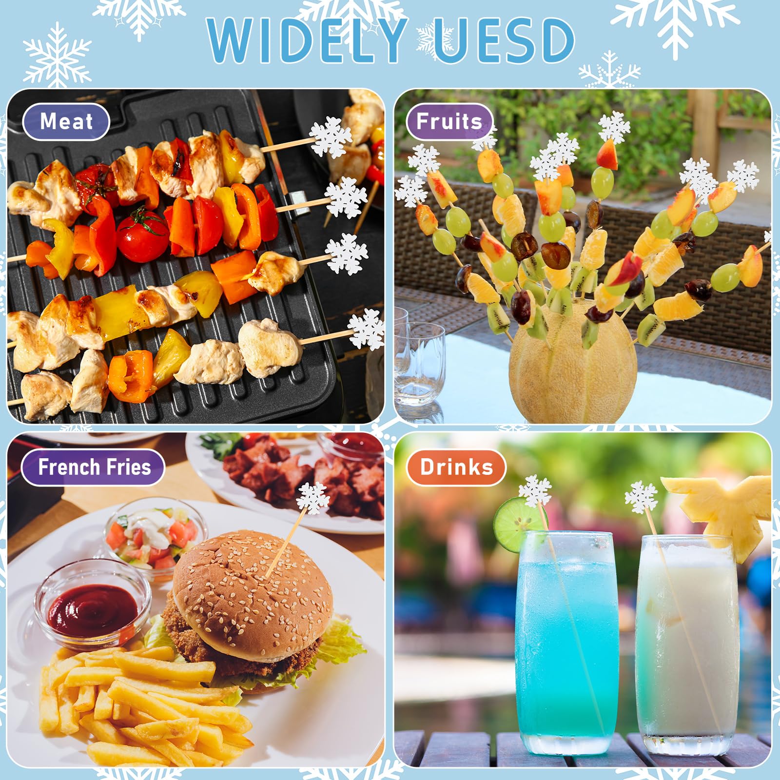 FoldTier snowflake toothpicks add festive charm to salads, sandwiches, and canapés
