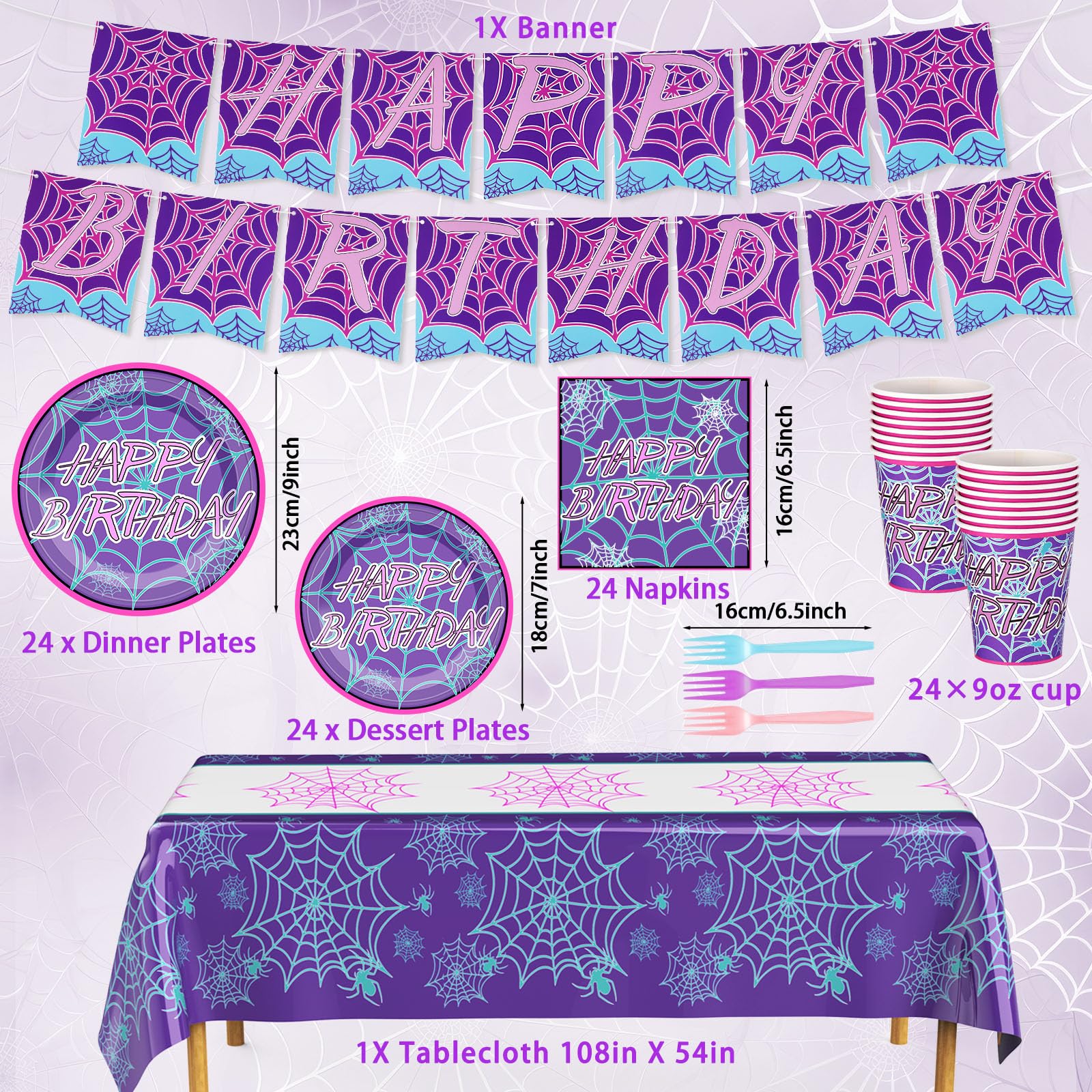 FoldTier spiderweb tablecloth enhances purple party tables.