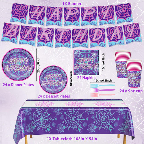 FoldTier spiderweb tablecloth enhances purple party tables.