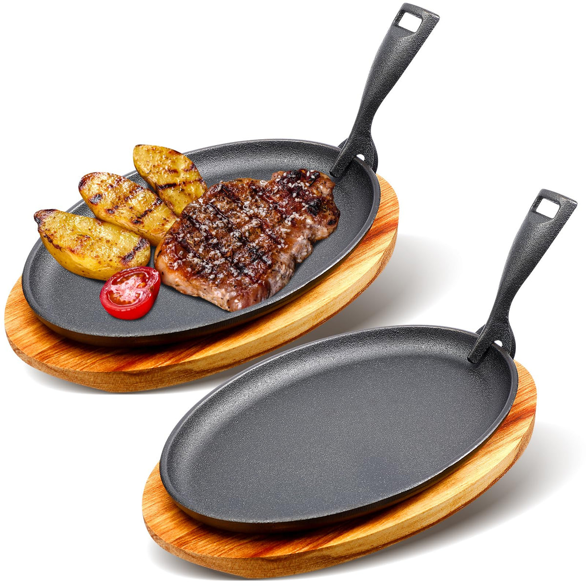 FoldTier two-set cast iron sizzling plates with wooden bases deliver even heat for fajitas.