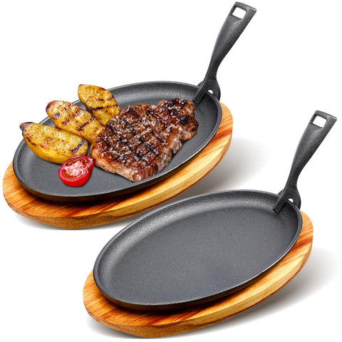 FoldTier two-set cast iron sizzling plates with wooden bases deliver even heat for fajitas.