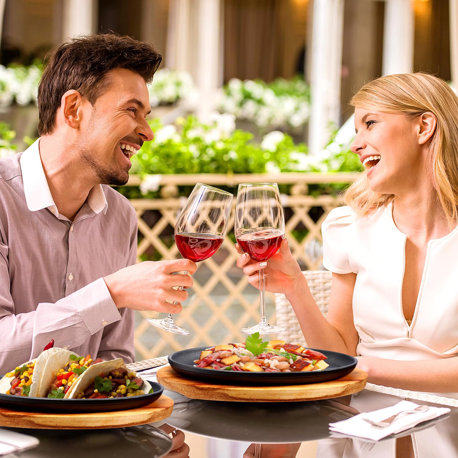 FoldTier wooden serving trays accompany sizzling plates for elegant presentation.