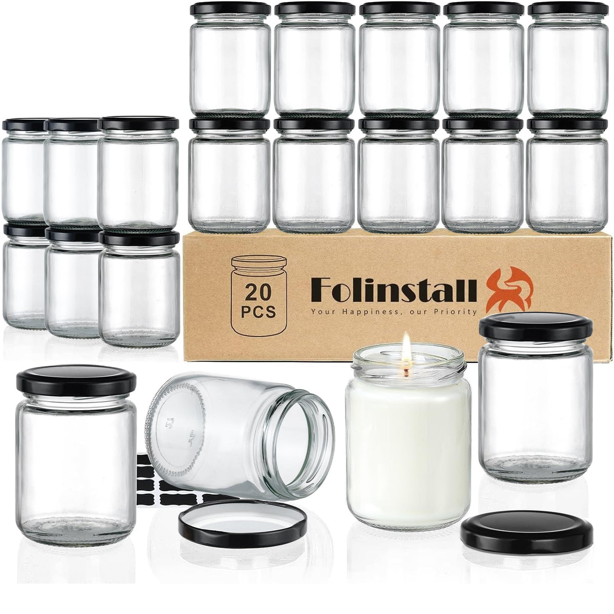 Folinstall 8 oz glass jar with airtight lid, ideal for pantry storage.
