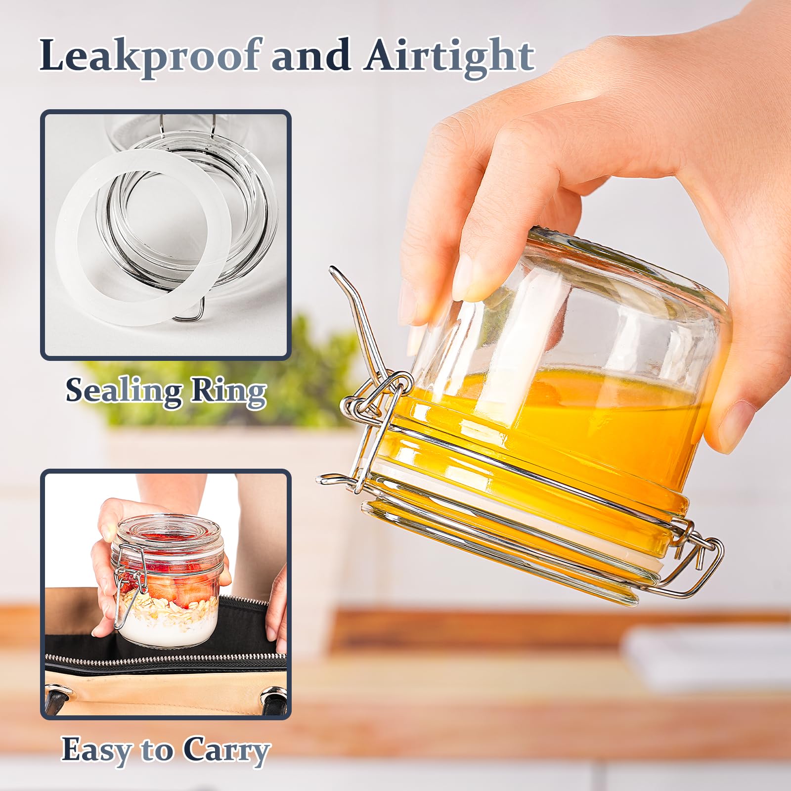 Folinstall glass jar with hinged lid for easy access and stackable storage.