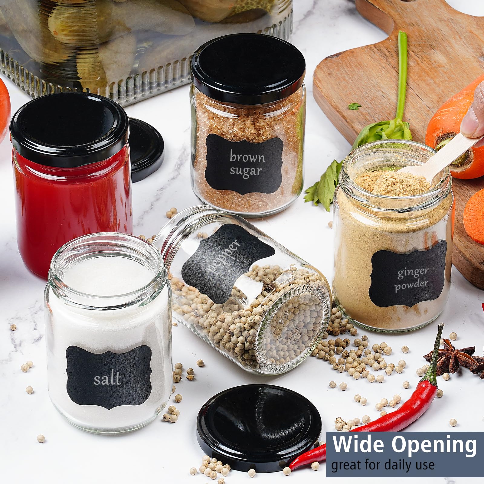 Folinstall glass canisters keep kitchen supplies organized and visible.