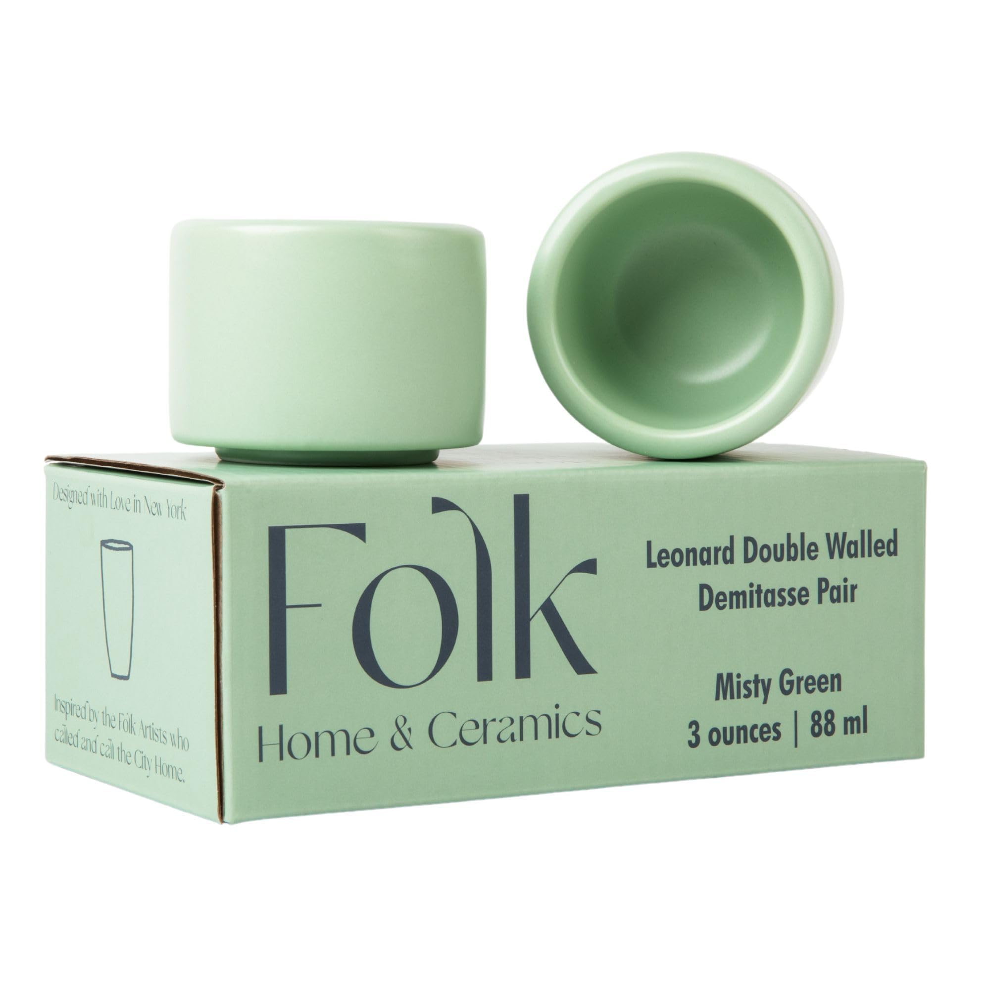 Folk Ceramics Leonard espresso cup 3oz in misty green glaze, ideal for precise espresso shots.