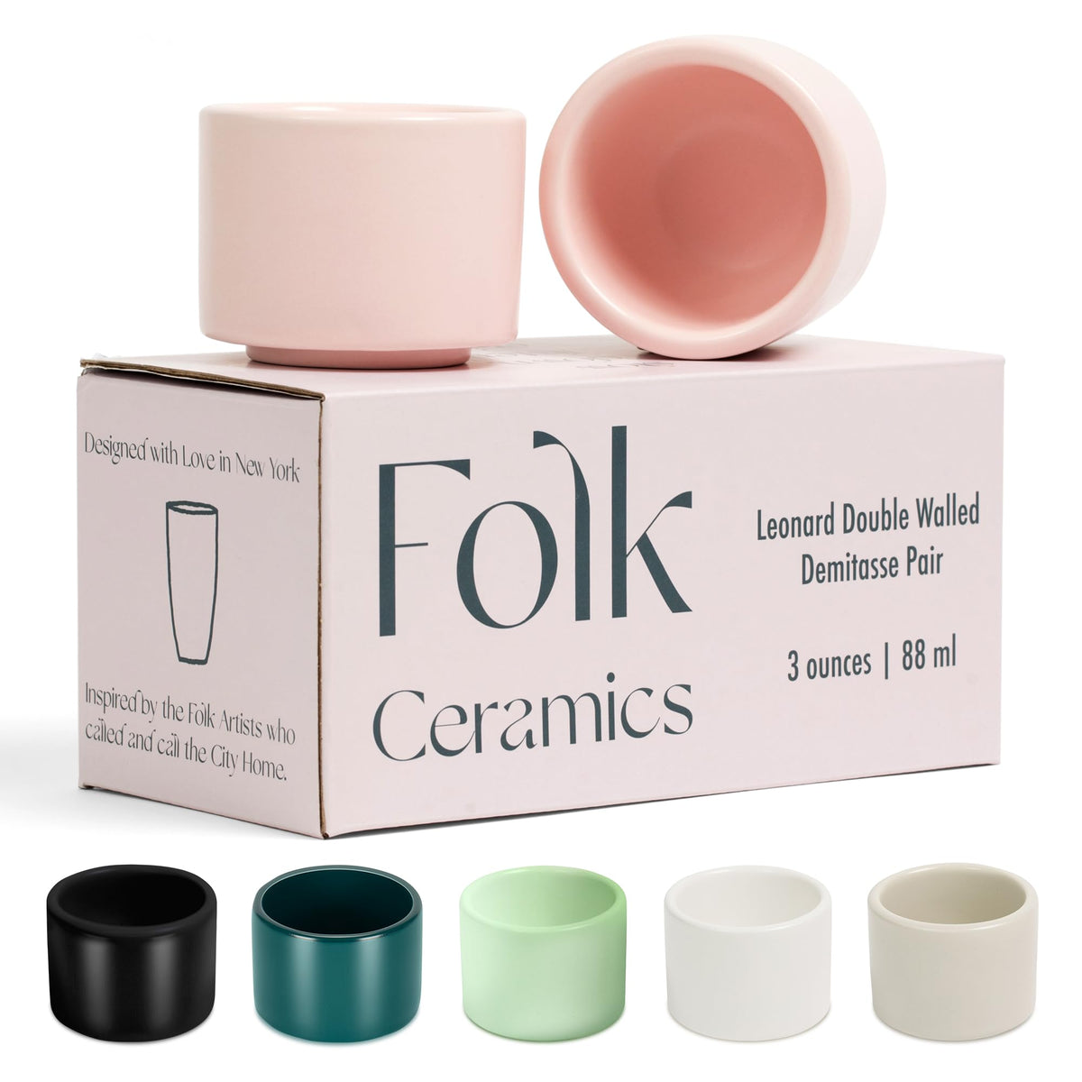 Folk Ceramics Leonard espresso cup stackable in pale pink for easy storage