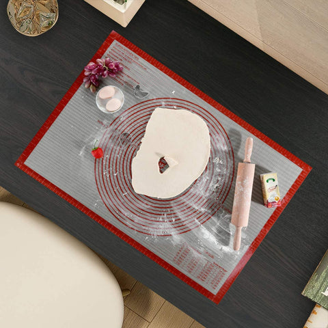 Folksy Super Kitchen 36x24 inch measurements on silicone mat for precise dough sizing.