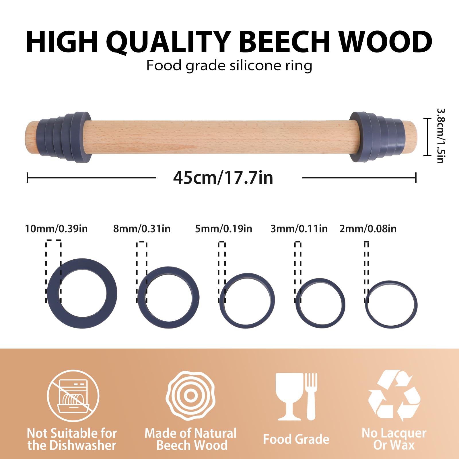 Folksy Super Kitchen thickness rings allow 2–10 mm control for even rolling.