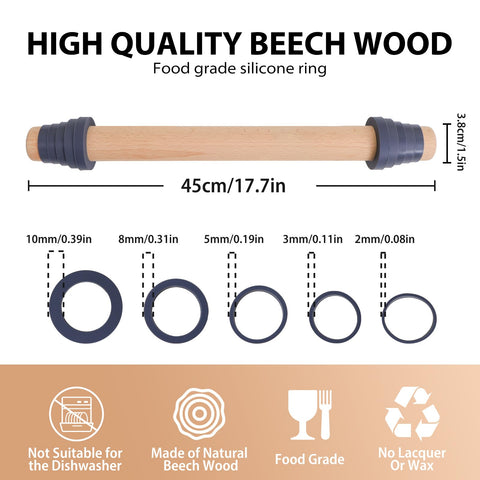 Folksy Super Kitchen thickness rings allow 2–10 mm control for even rolling.