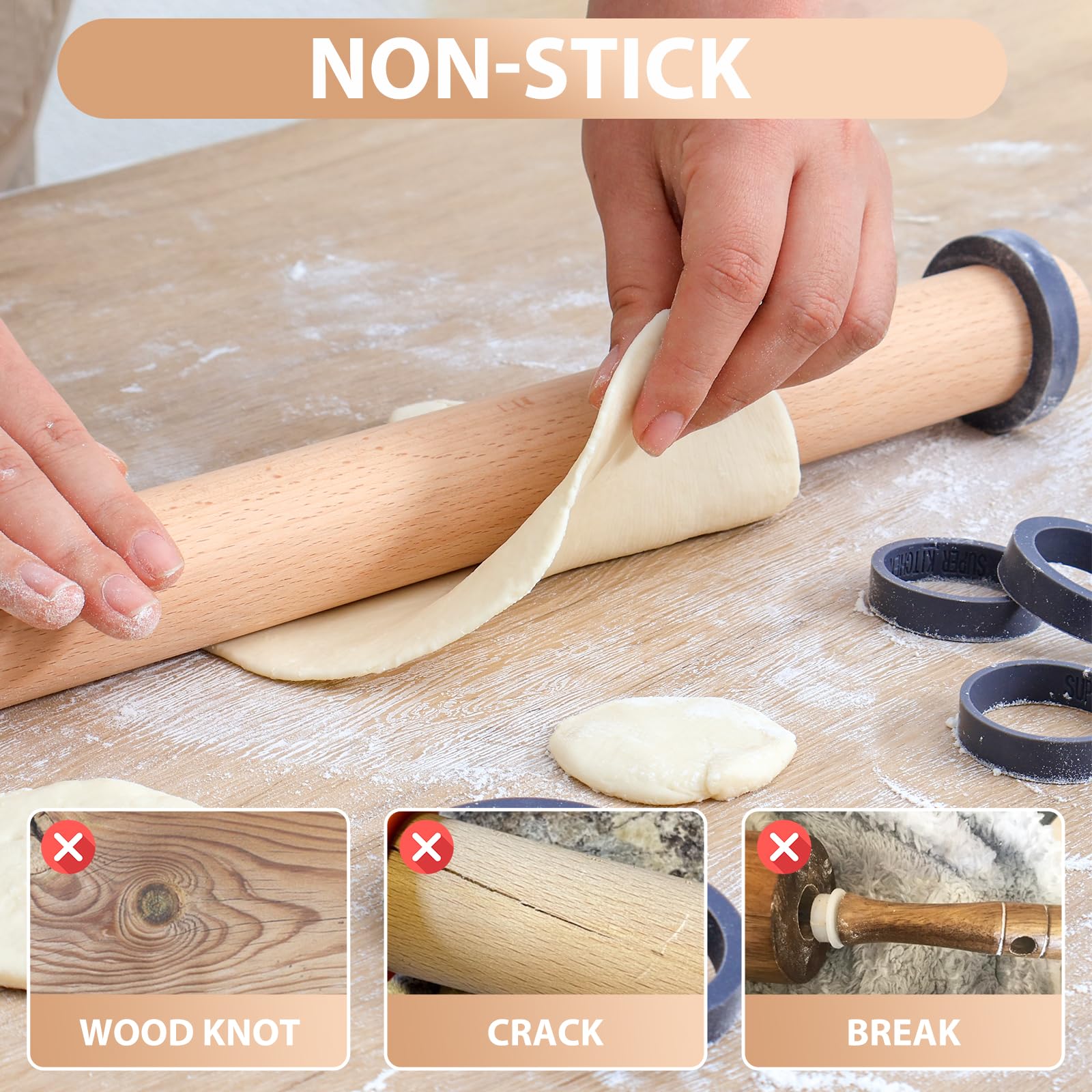 Folksy Super Kitchen wooden roller close-up highlighting beech wood texture and smooth finish.